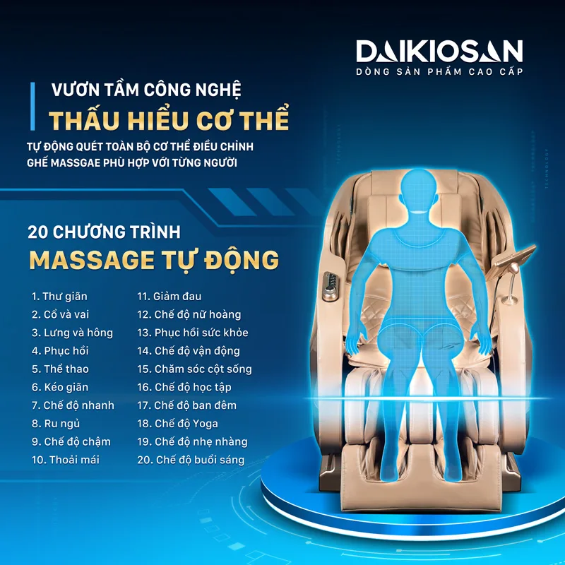Ghế massage Daikiosan DKGM-30002 l&agrave; sự kết hợp th&ocirc;ng minh giữa trị liệu truyền thống Đ&ocirc;ng Y v&agrave; c&ocirc;ng nghệ massage 4D t&acirc;n tiến. Sản phẩm n&agrave;y mang đến một trải nghiệm massage ho&agrave;n hảo v&agrave; tạo ra kh&ocirc;ng gian thư gi&atilde;n ri&ecirc;ng tư tại nh&agrave; cho người d&ugrave;ng.