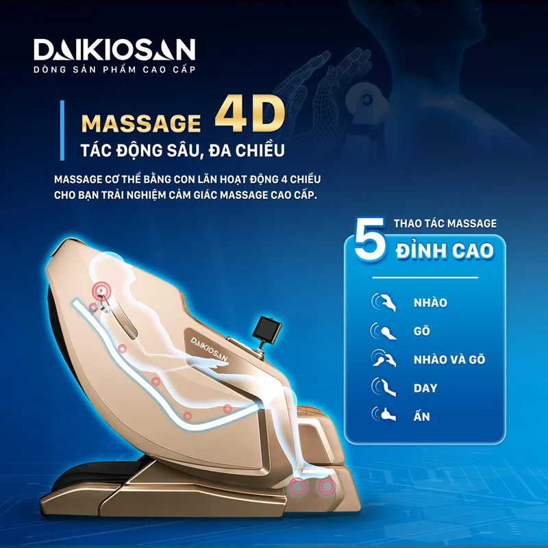 Ghế massage Daikiosan DKGM-30002 l&agrave; sự kết hợp th&ocirc;ng minh giữa trị liệu truyền thống Đ&ocirc;ng Y v&agrave; c&ocirc;ng nghệ massage 4D t&acirc;n tiến. Sản phẩm n&agrave;y mang đến một trải nghiệm massage ho&agrave;n hảo v&agrave; tạo ra kh&ocirc;ng gian thư gi&atilde;n ri&ecirc;ng tư tại nh&agrave; cho người d&ugrave;ng.