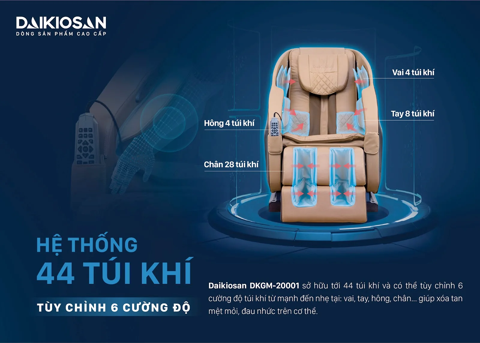 Ghế massage Daikiosan DVGM-20001 l&agrave; sự lựa chọn h&agrave;ng đầu cho sức khỏe, tổ hợp giữa trị liệu Đ&ocirc;ng Y truyền thống, c&ocirc;ng nghệ th&ocirc;ng minh AI 4.0 v&agrave; c&ocirc;ng nghệ massage 3D chuy&ecirc;n s&acirc;u. B&ecirc;n cạnh đ&oacute;, sản phẩm c&ograve;n khẳng định vị thế thương gia với việc sử dụng chất liệu da cao cấp đặc biệt được sử dụng trong c&aacute;c si&ecirc;u xe hạng sang, kết hợp với nhiều t&iacute;nh năng hiện đại.