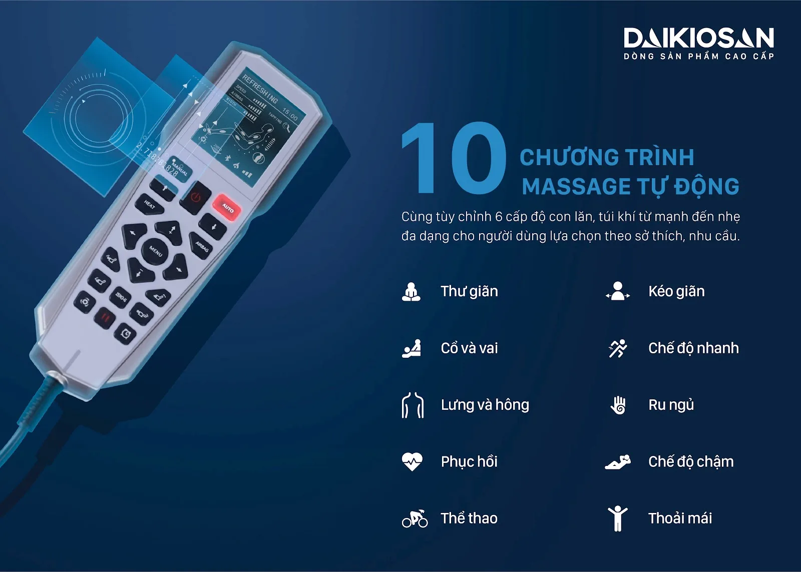 Ghế massage Daikiosan DVGM-20001 l&agrave; sự lựa chọn h&agrave;ng đầu cho sức khỏe, tổ hợp giữa trị liệu Đ&ocirc;ng Y truyền thống, c&ocirc;ng nghệ th&ocirc;ng minh AI 4.0 v&agrave; c&ocirc;ng nghệ massage 3D chuy&ecirc;n s&acirc;u. B&ecirc;n cạnh đ&oacute;, sản phẩm c&ograve;n khẳng định vị thế thương gia với việc sử dụng chất liệu da cao cấp đặc biệt được sử dụng trong c&aacute;c si&ecirc;u xe hạng sang, kết hợp với nhiều t&iacute;nh năng hiện đại.