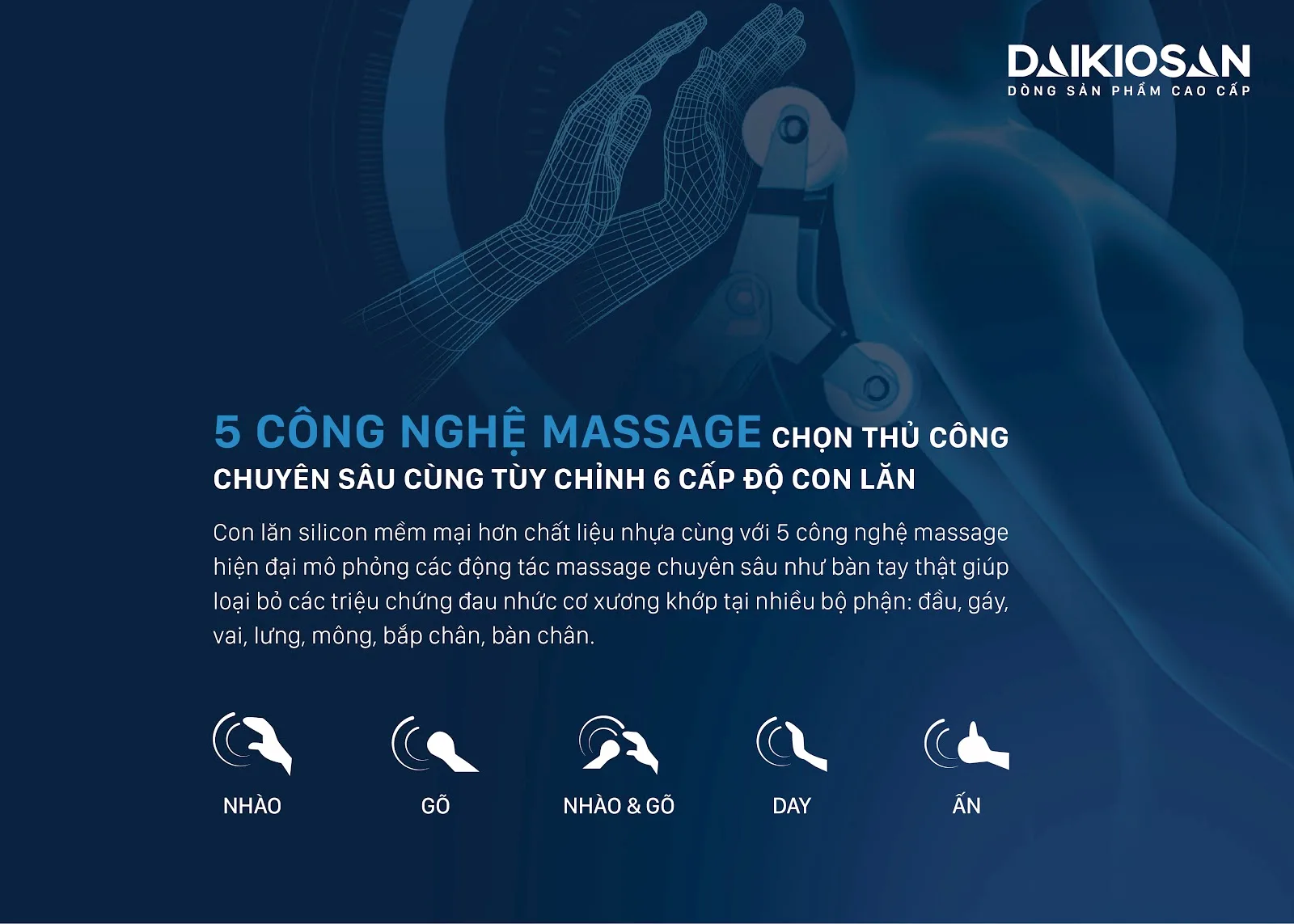 Ghế massage Daikiosan DVGM-20001 l&agrave; sự lựa chọn h&agrave;ng đầu cho sức khỏe, tổ hợp giữa trị liệu Đ&ocirc;ng Y truyền thống, c&ocirc;ng nghệ th&ocirc;ng minh AI 4.0 v&agrave; c&ocirc;ng nghệ massage 3D chuy&ecirc;n s&acirc;u. B&ecirc;n cạnh đ&oacute;, sản phẩm c&ograve;n khẳng định vị thế thương gia với việc sử dụng chất liệu da cao cấp đặc biệt được sử dụng trong c&aacute;c si&ecirc;u xe hạng sang, kết hợp với nhiều t&iacute;nh năng hiện đại.