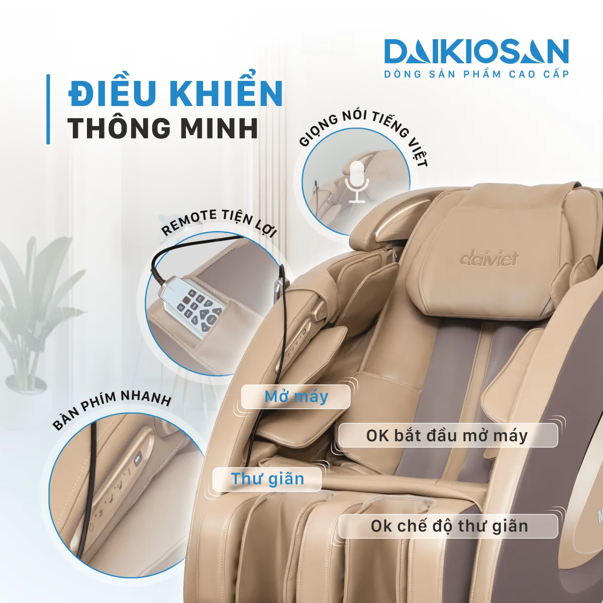 Ghế massage Daikiosan DVGM-20001 l&agrave; sự lựa chọn h&agrave;ng đầu cho sức khỏe, tổ hợp giữa trị liệu Đ&ocirc;ng Y truyền thống, c&ocirc;ng nghệ th&ocirc;ng minh AI 4.0 v&agrave; c&ocirc;ng nghệ massage 3D chuy&ecirc;n s&acirc;u. B&ecirc;n cạnh đ&oacute;, sản phẩm c&ograve;n khẳng định vị thế thương gia với việc sử dụng chất liệu da cao cấp đặc biệt được sử dụng trong c&aacute;c si&ecirc;u xe hạng sang, kết hợp với nhiều t&iacute;nh năng hiện đại.