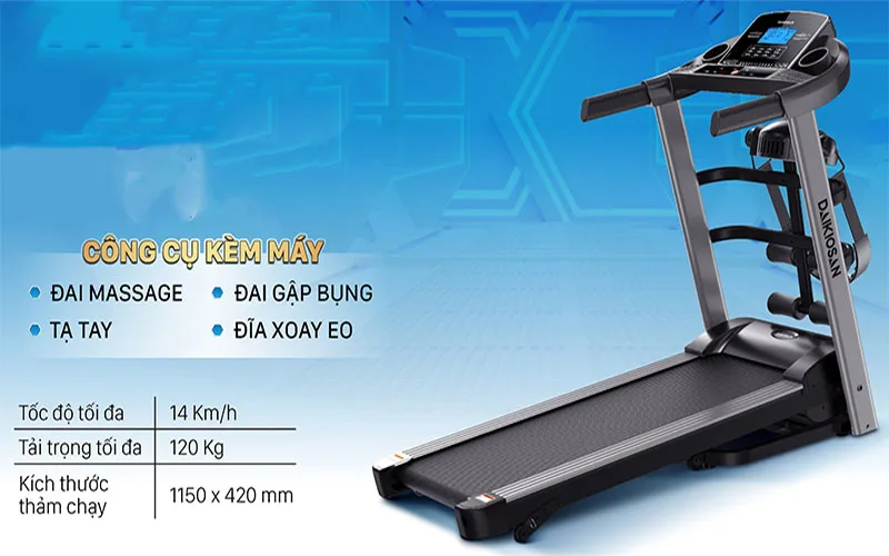 Nếu bạn đang t&igrave;m kiếm một dụng cụ đặc biệt để đốt ch&aacute;y giai đoạn chạy bộ, th&igrave; kh&ocirc;ng c&oacute; g&igrave; tốt hơn m&aacute;y chạy bộ đa năng Daikiosan DVCB-00006 - một lựa chọn h&agrave;ng đầu nhờ c&ocirc;ng suất mạnh mẽ v&agrave; t&iacute;nh năng n&acirc;ng dốc 3 mức... với thiết kế ấn tượng v&agrave; phong c&aacute;ch thể thao, n&oacute; sẽ mang lại động lực cho bạn tham gia tập luyện mỗi ng&agrave;y.