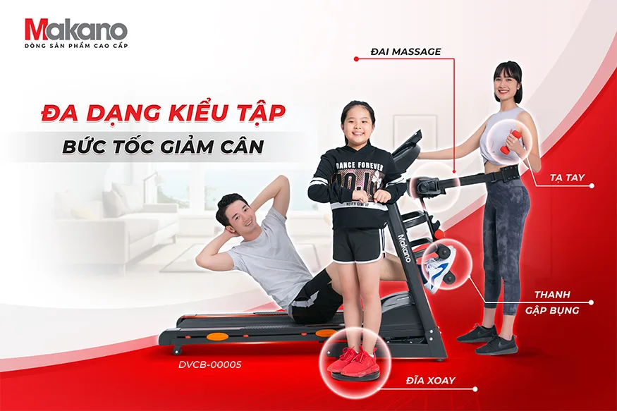 M&aacute;y chạy bộ đa năng Makano DVCB-00005 l&agrave; một giải ph&aacute;p tuyệt vời để bạn v&agrave; gia đ&igrave;nh c&oacute; thể tạo được th&acirc;n h&igrave;nh thon gọn v&agrave; chăm s&oacute;c sức khỏe ngay tại nh&agrave;, m&agrave; kh&ocirc;ng cần phải đi đ&acirc;u xa. Với thiết kế chắc chắn v&agrave; đầy đủ t&iacute;nh năng th&ocirc;ng minh, đ&acirc;y l&agrave; một sự lựa chọn ho&agrave;n hảo cho mọi gia đ&igrave;nh.