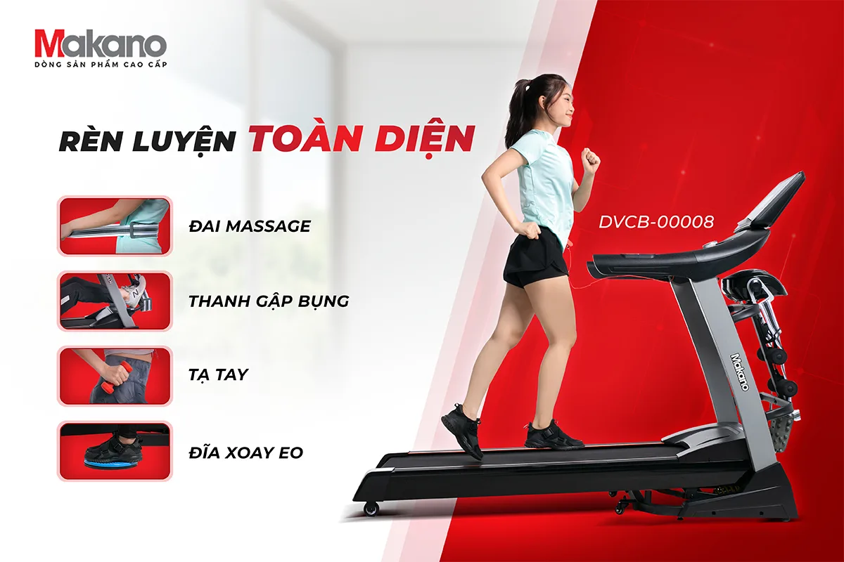M&aacute;y chạy bộ đa năng Makano DVCB-00008 l&agrave; một sản phẩm c&ocirc;ng nghệ ti&ecirc;n tiến, gi&uacute;p bạn tập luyện tại nh&agrave; với hiệu quả tuyệt vời. Sản phẩm n&agrave;y mang đến cho bạn một sức khỏe dẻo dai v&agrave; gi&uacute;p bạn chăm s&oacute;c v&oacute;c d&aacute;ng một c&aacute;ch tự nhi&ecirc;n v&agrave; khỏe khoắn. Khi bạn tự tin về v&oacute;c d&aacute;ng của m&igrave;nh, bạn sẽ tỏa s&aacute;ng trong mọi hoạt động của cuộc sống.