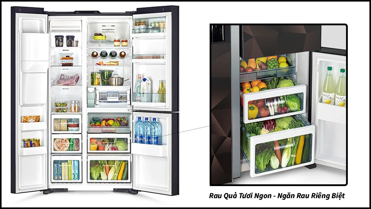 Tủ lạnh Hitachi Inverter 595 l&iacute;t R-S800PGV0 GBK c&oacute; thiết kế side by side 2 c&aacute;nh đẳng cấp với mặt k&iacute;nh nguy&ecirc;n khối v&agrave; thiết kế thanh lịch, tạo n&ecirc;n sự thu h&uacute;t v&agrave; đẳng cấp cho kh&ocirc;ng gian nh&agrave;. Thiết kế n&agrave;y khơi nguồn cảm hứng v&agrave; mang lại cuộc sống h&agrave;ng ng&agrave;y th&ecirc;m phần th&uacute; vị trong kh&ocirc;ng gian y&ecirc;u th&iacute;ch của bạn (mua tủ lạnh trả g&oacute;p kh&ocirc;ng qua ng&acirc;n h&agrave;ng).